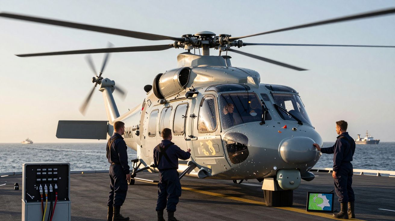 Trei membri ai echipajului naval lângă un elicopter pe o punte de vas, în largul mării.