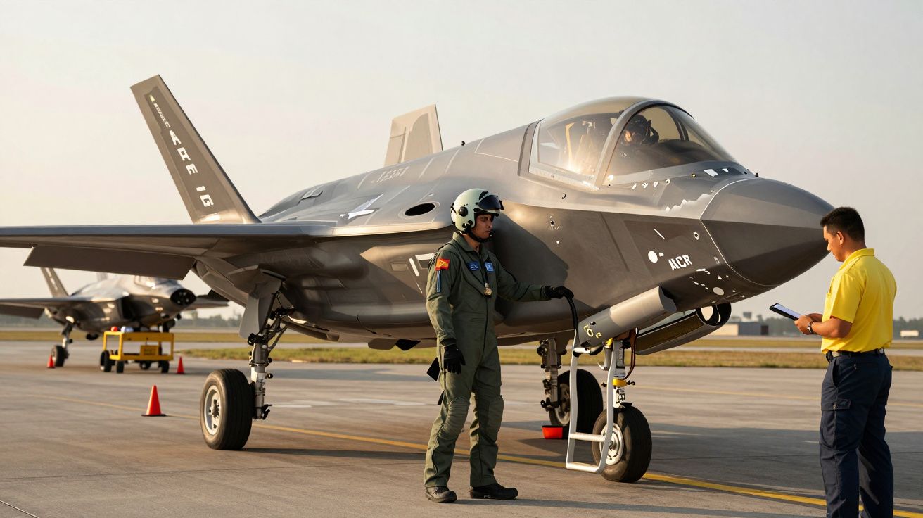 Două avioane de luptă pe pistă, un pilot în costum de zbor și un tehnician discutând lângă un avion.