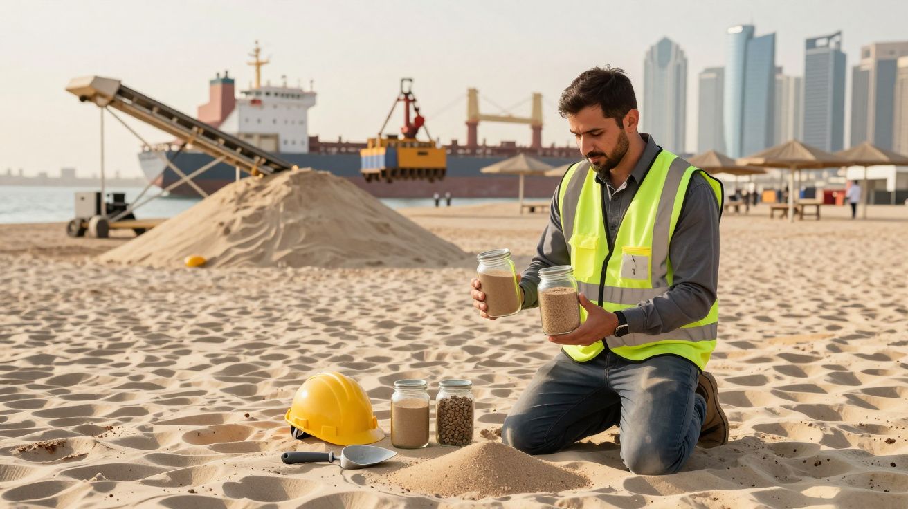 Bărbat în vestă reflectorizantă analizează mostre de nisip pe o plajă, cu un port-container și clădiri moderne în fundal.