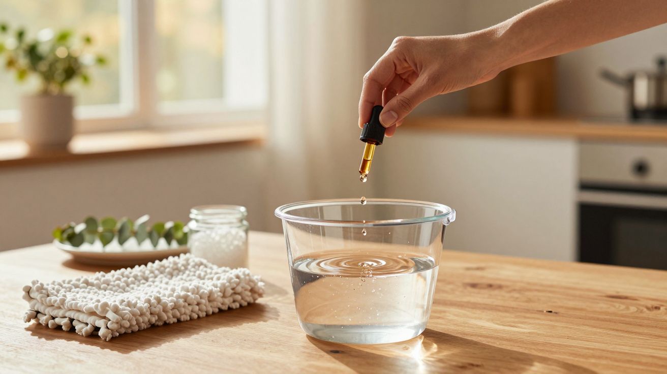 Mână picurând lichid din pipetă într-un bol cu apă pe o masă de lemn, cu un prosop alb și plante în fundal.