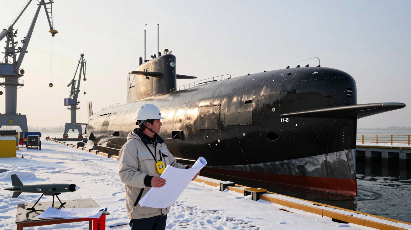 Submarin negru ancorat în port, muncitor purtând cască albă consultă planuri, zăpadă pe chei și macara în fundal.