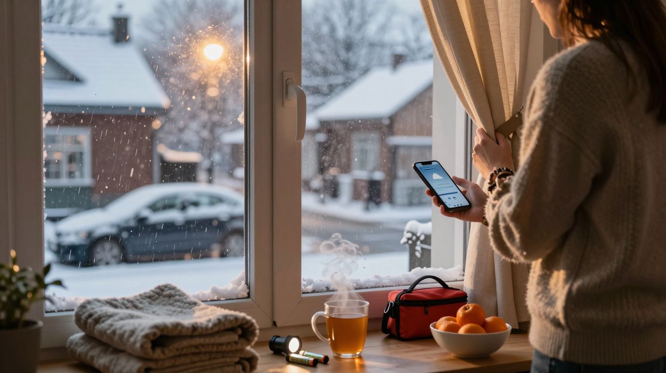 Femeie lângă fereastră, privind telefonul, cu zăpadă afară. Pe masă: ceai, portocale, lanternă, prosop.