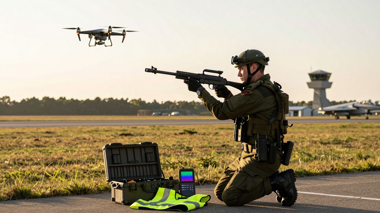 Un soldat îngenuncheat pe pistă, țintind spre un drone, cu echipament și turn de control în spate.