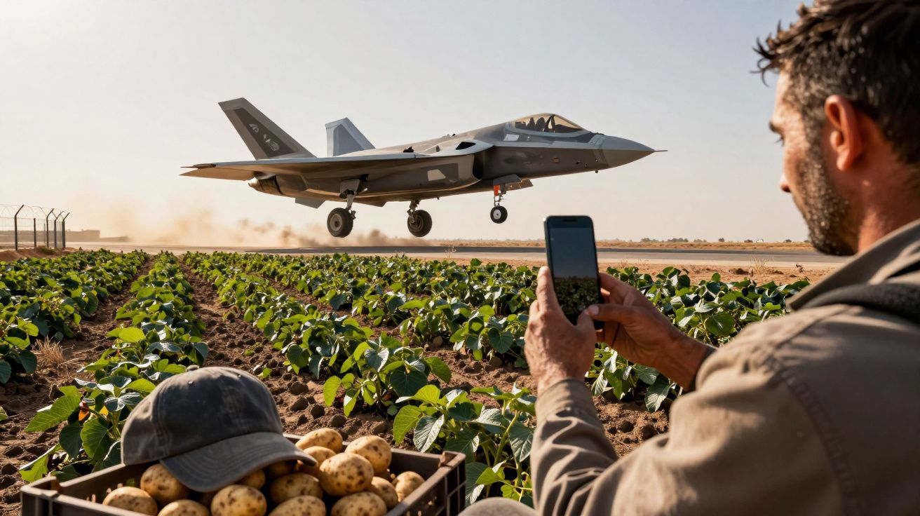 Bărbat fotografiind un avion de vânătoare F-35 care aterizează, într-un câmp cultivat cu cartofi.