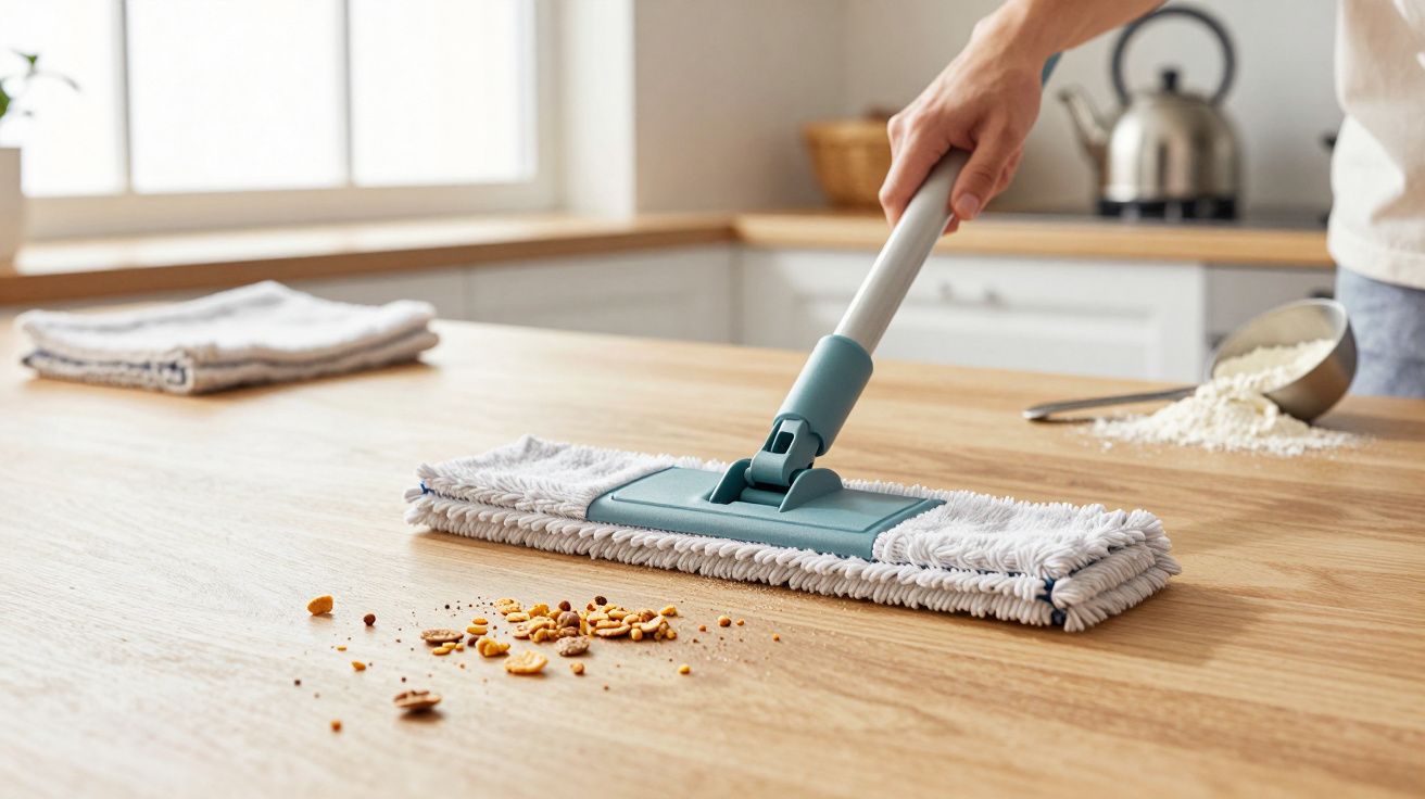 Mână curățând blatul de bucătărie cu un mop, alături de firimituri și un castron cu făină vărsat.