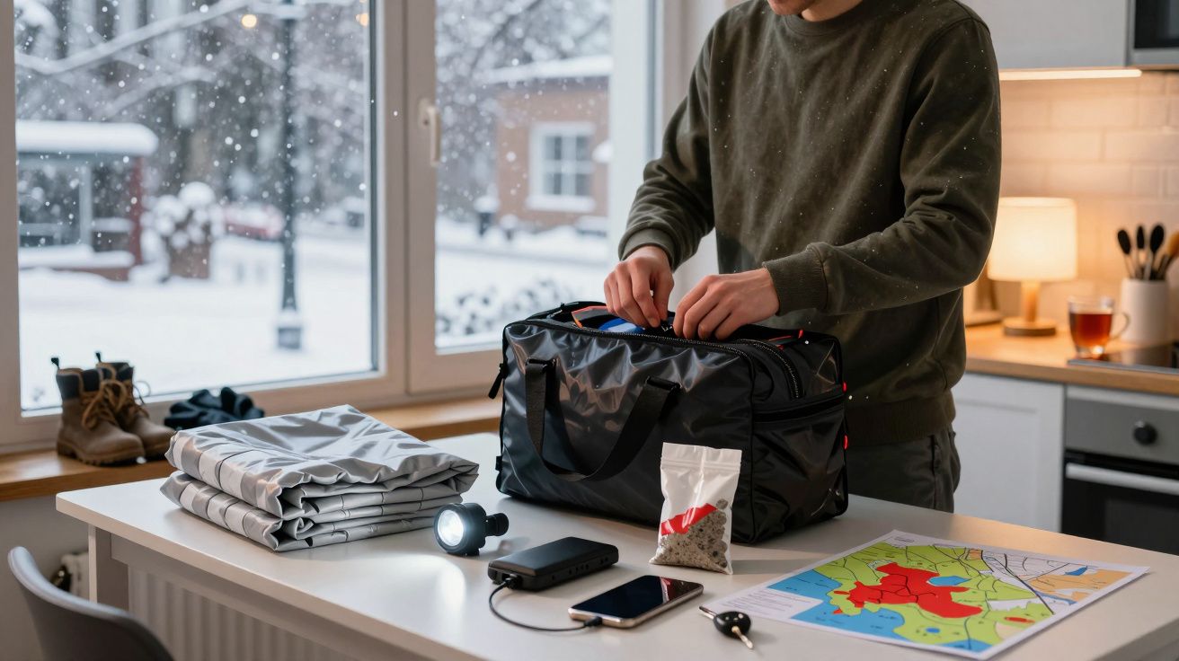 Persoană împachetează un rucsac pe masă, cu hărți, telefon și haina lângă fereastra cu zăpadă afară.