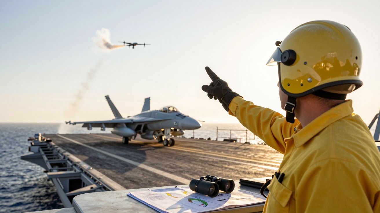 Persoană cu cască galbenă coordonând lansarea unui avion de pe un portavion, cu o dronă în zbor.