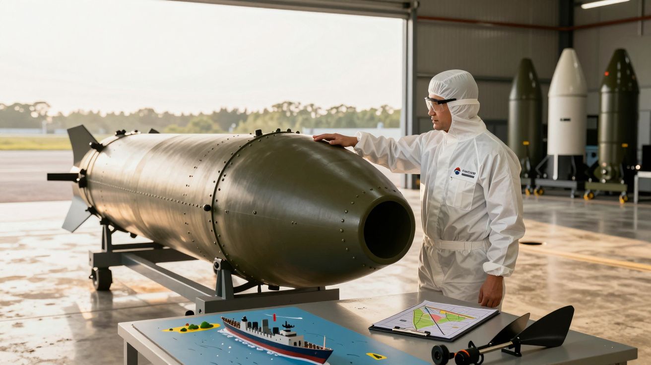 Tehnician în combinezon alb lângă un obiect militar mare, într-un hangar; planșetă și machetă pe masă.