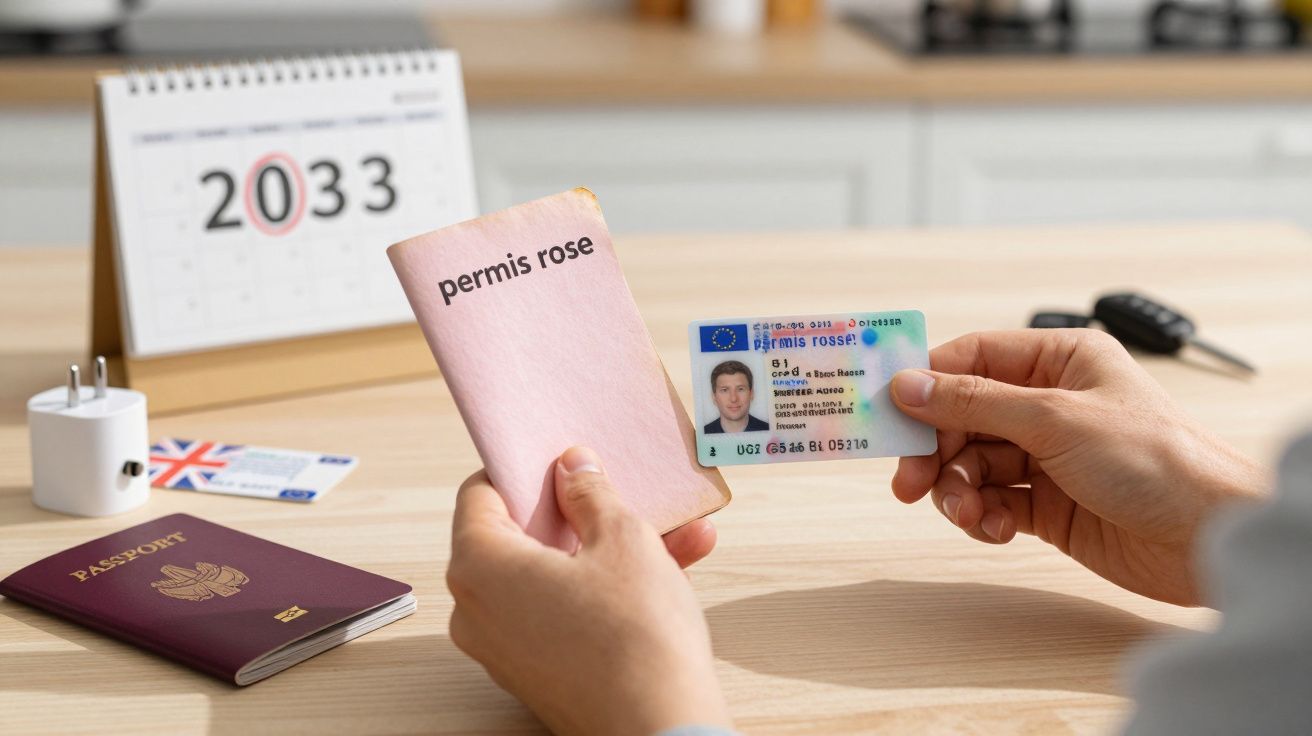 Persoană ținând un permis de conducere și un suport roz, pe fundal un calendar cu anul 2033 și un pașaport.