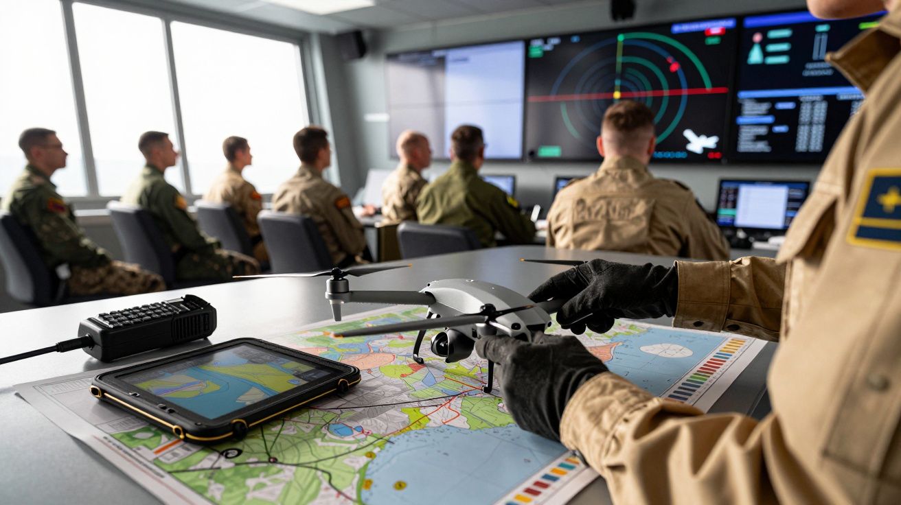 Persoane în uniformă într-o sală de comandă, cu hărți și echipamente, discutând strategii militare.