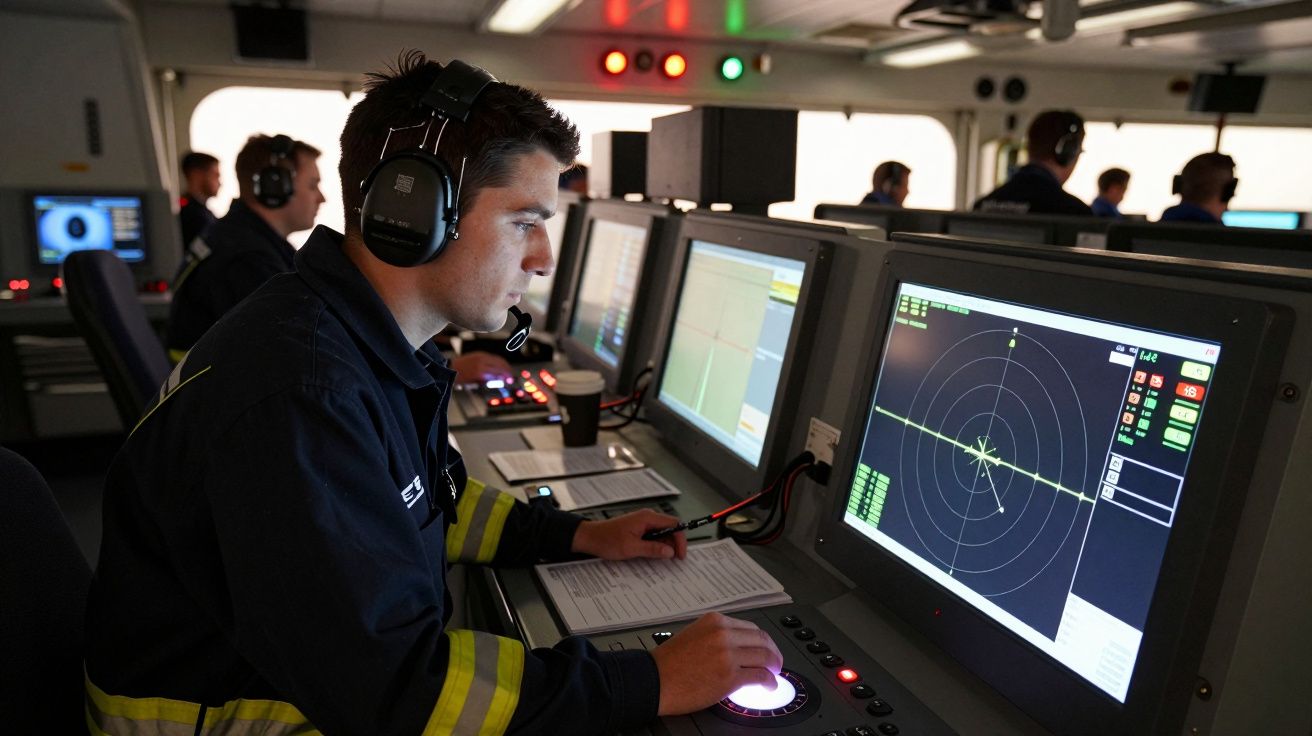 Operator la un birou de comenzi pentru radar, lucrând cu căști și echipament electronic.