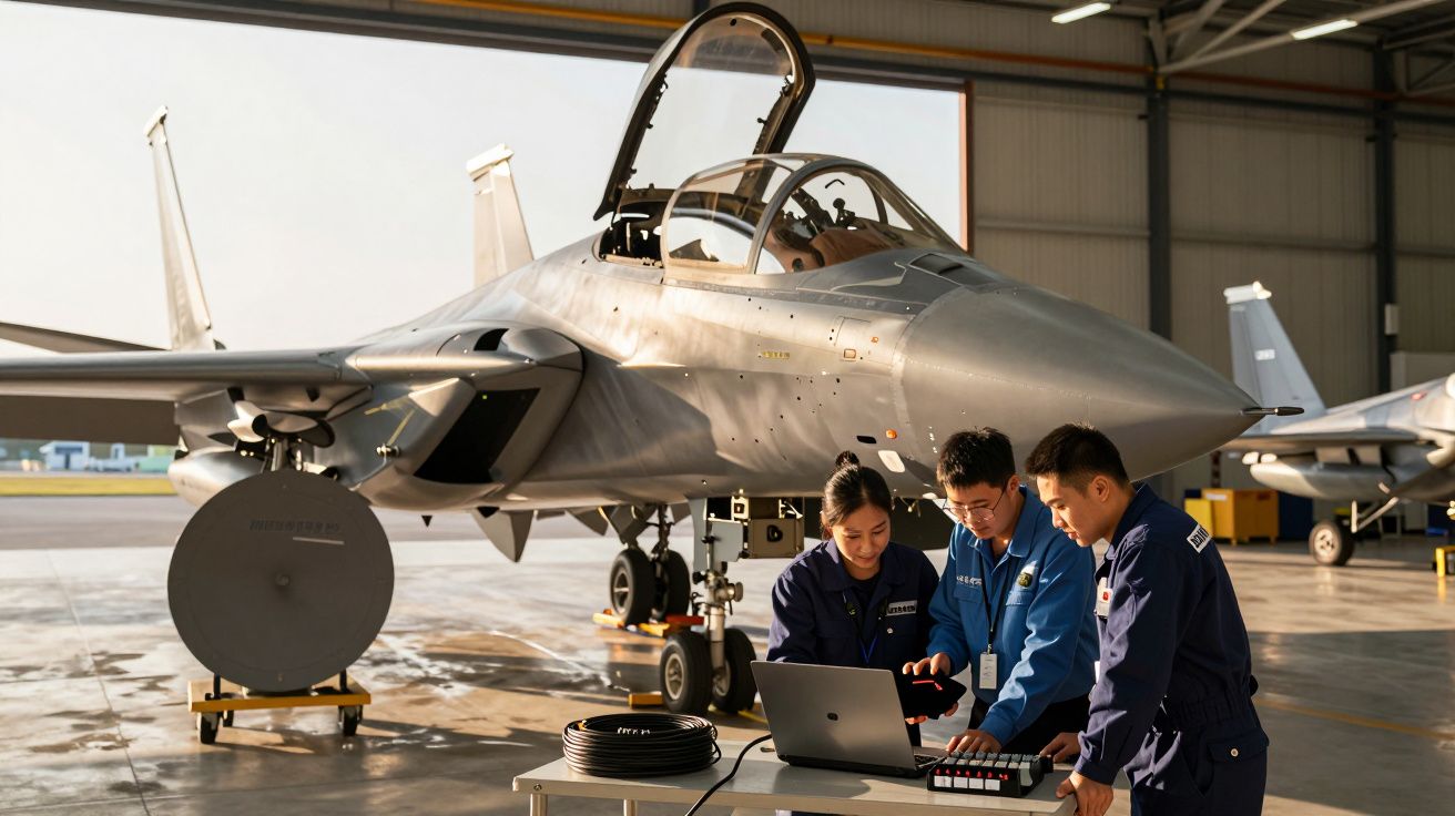 Trei tehnicieni lucrează pe laptop în fața unui avion de luptă într-un hangar iluminat de soare.