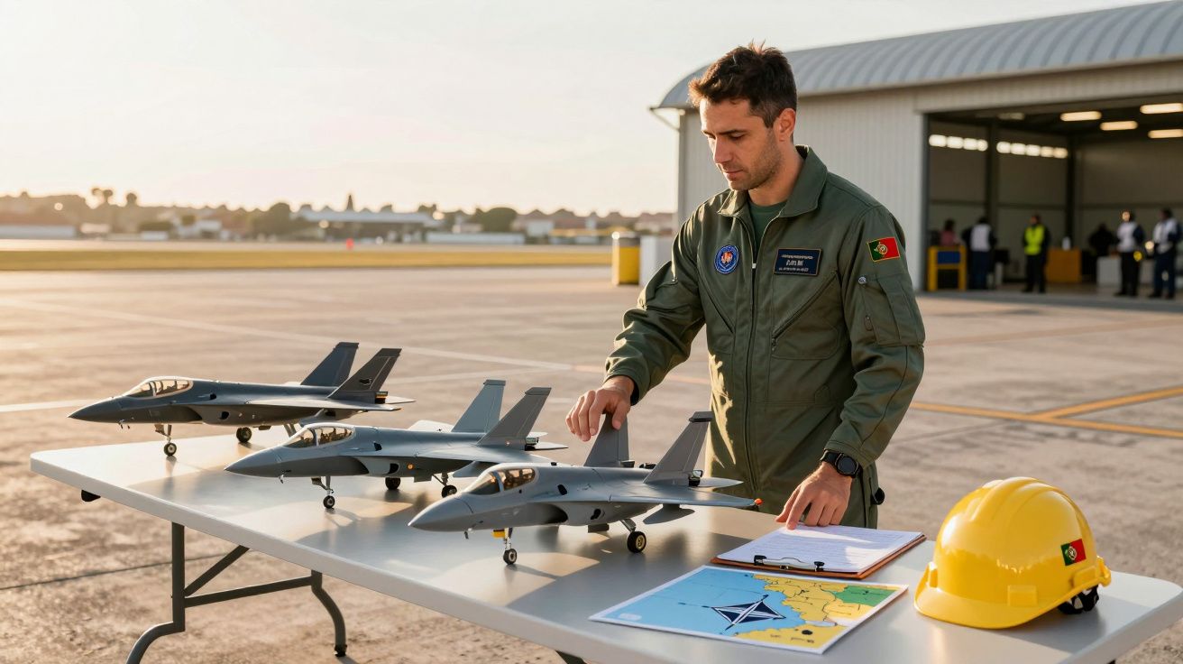 Bărbat în uniformă de aviație examinează machete de avioane pe o masă în aer liber, cu un hangar în fundal.