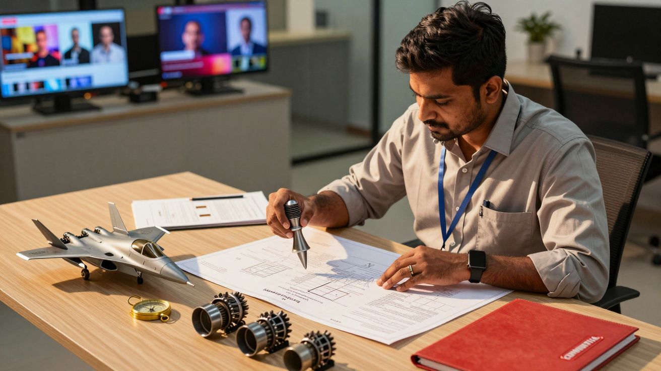 Bărbat la birou analizând planuri tehnice, machetă avion și componente mecanice pe masă, două ecrane aprinse în fundal.