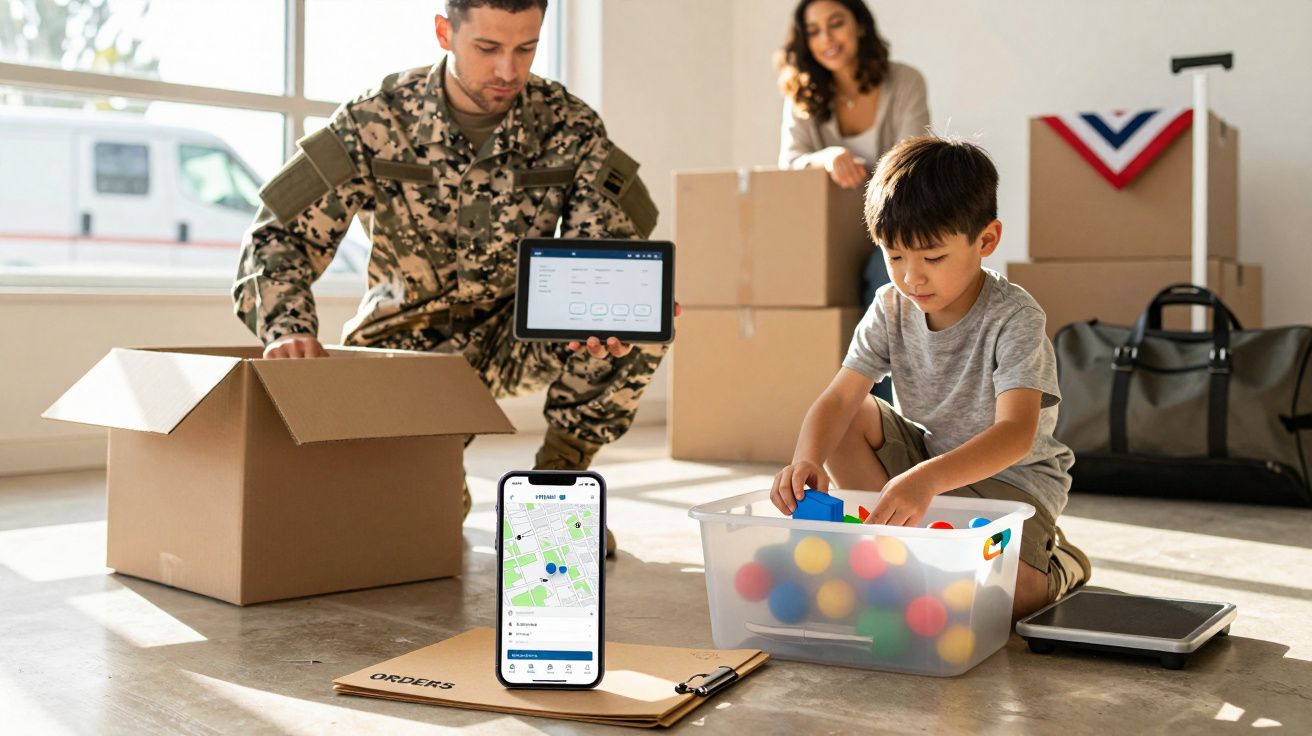 Bărbat în uniformă militară organiza cutii, copil se joacă cu mingi, aplicație deschisă pe tabletă și smartphone.