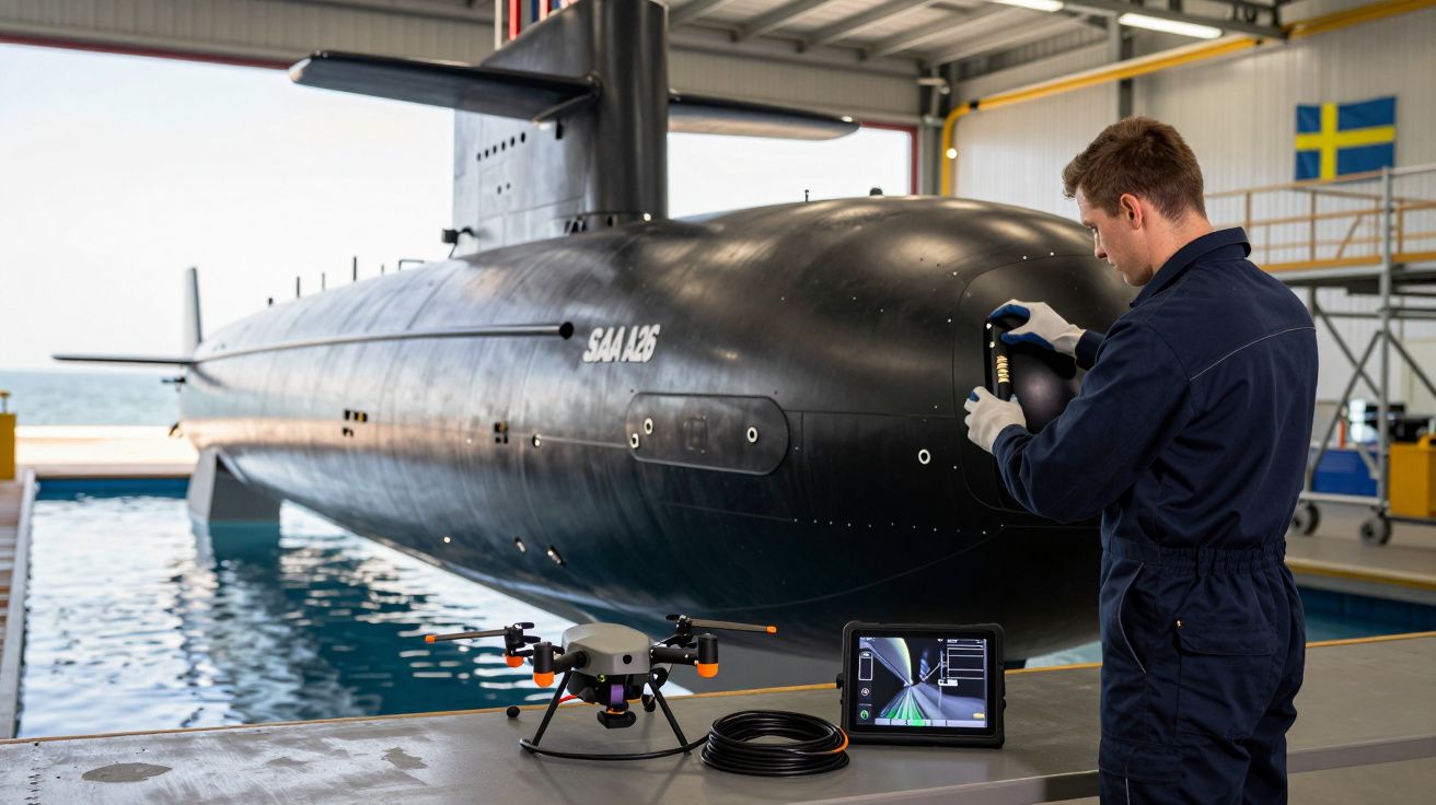 Tehnician inspectează un submarin într-un doc interior, cu o dronă și tabletă pe masă; steagul Suediei în fundal.