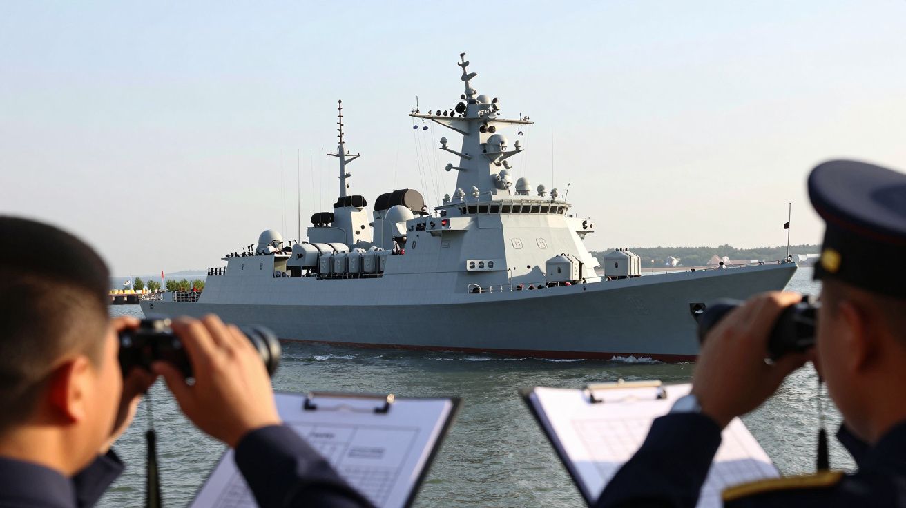 Nava de război navigând, observată prin binoclu de ofițeri militari, cu cer senin și apă calmă în fundal.