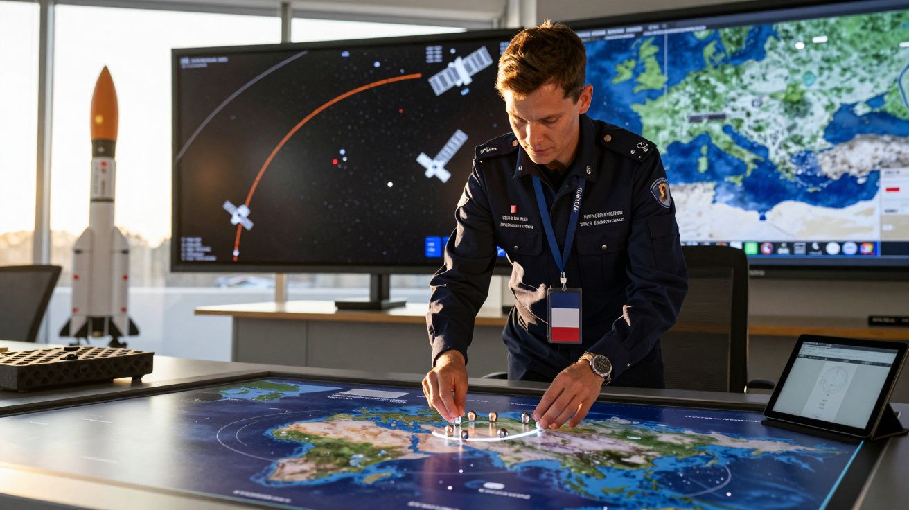 Ofițer în uniformă studiază o hartă digitală, cu două ecrane mari în fundal afișând imagini spațiale și geografice.