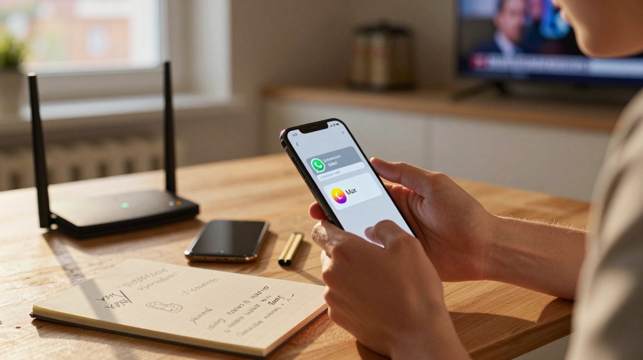 Persoană folosind un telefon pentru a alege între WhatsApp și altă aplicație, pe o masă cu router, carnet și stilou.