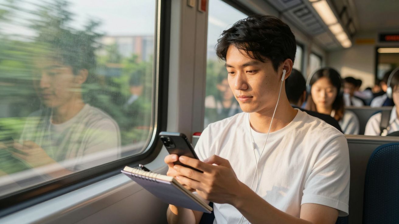 Bărbat tânăr ascultând muzică în căști și folosind un telefon într-un tren, cu caiet în mână.