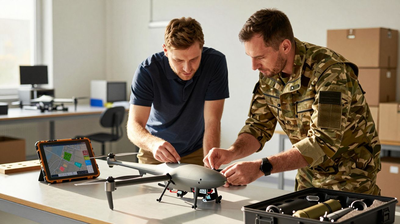 Doi bărbați discută despre un dronă pe o masă; unul în uniformă, celălalt în tricou bleumarin, tabletă lângă ei.
