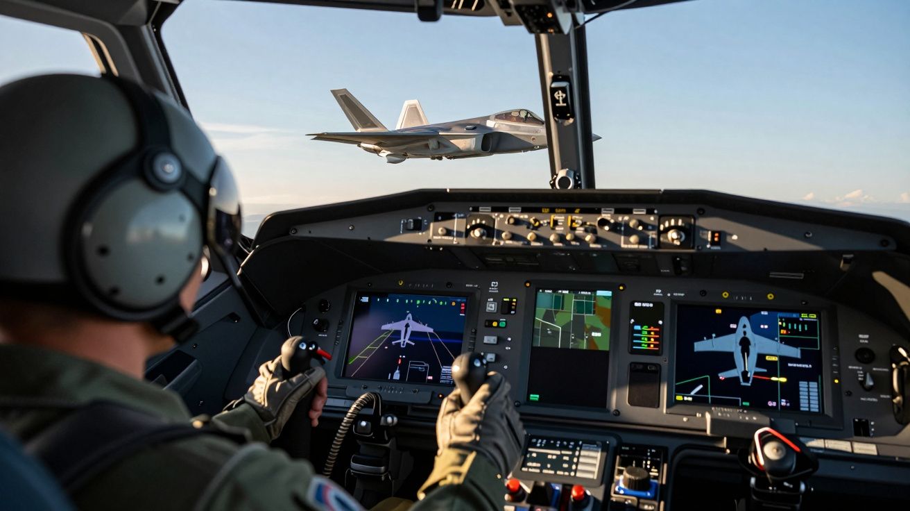 Pilot într-un cockpit de avion militar, urmărind un alt avion în timpul zborului.