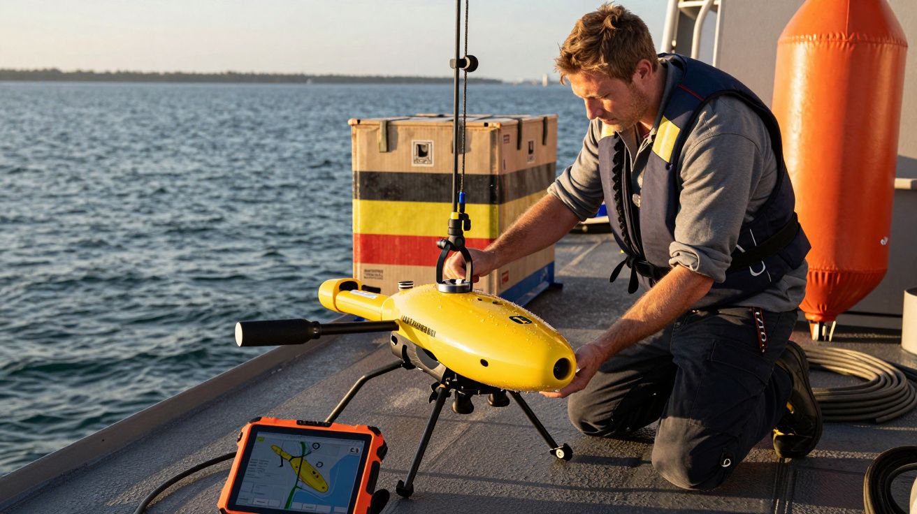 Bărbat pe un vas pregătind un robot subacvatic galben, cu tabletă portocalie afișând date în prim-plan.