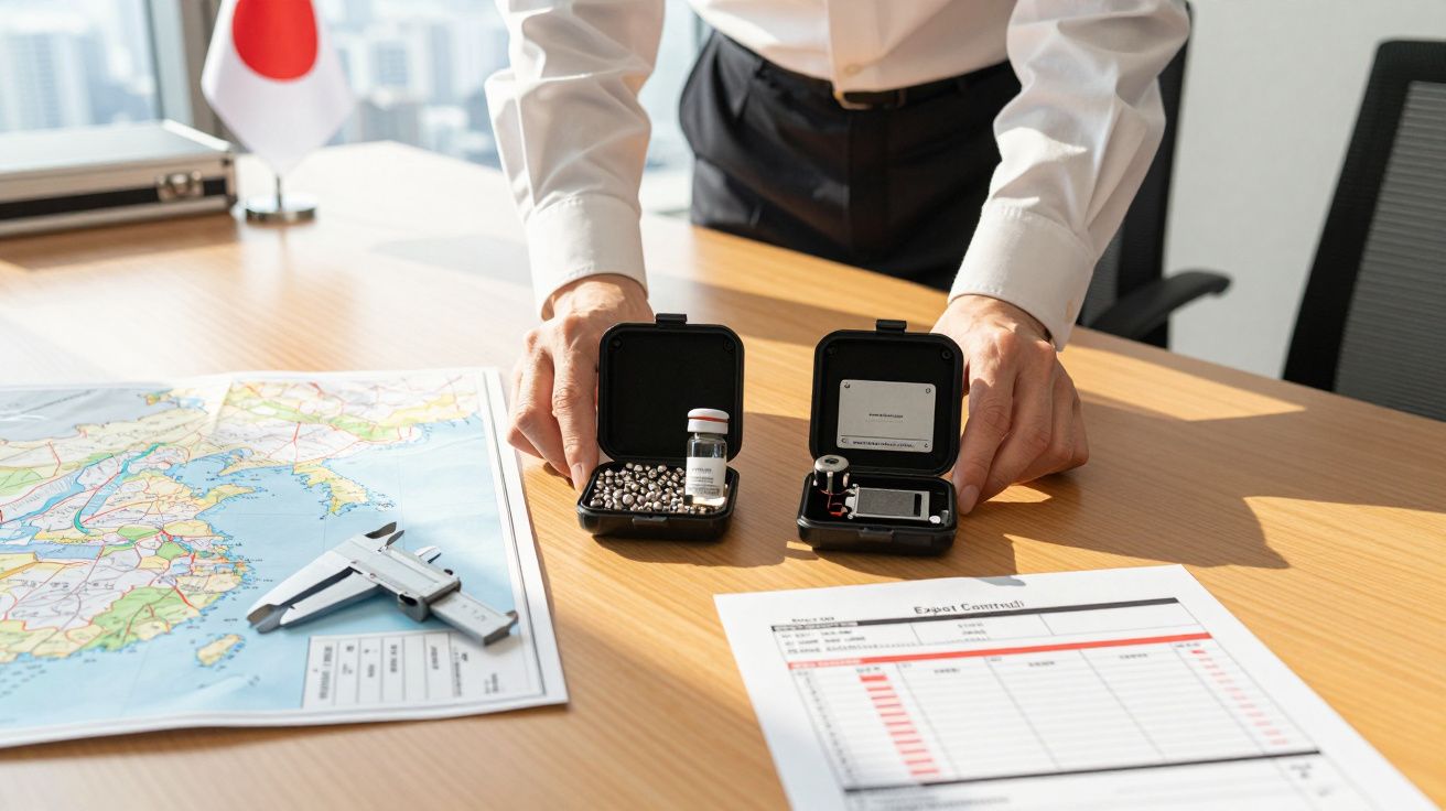 Bărbat deschizând cutii cu articole pe masă; hartă, documente și un steag japonez prezent în fundal.