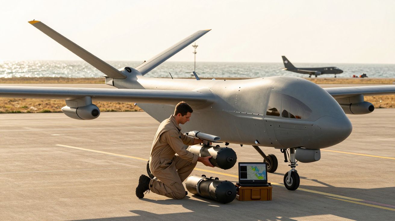 Un bărbat instalează echipamente pe o dronă de mari dimensiuni, pe un aerodrom, cu oceanul în fundal.