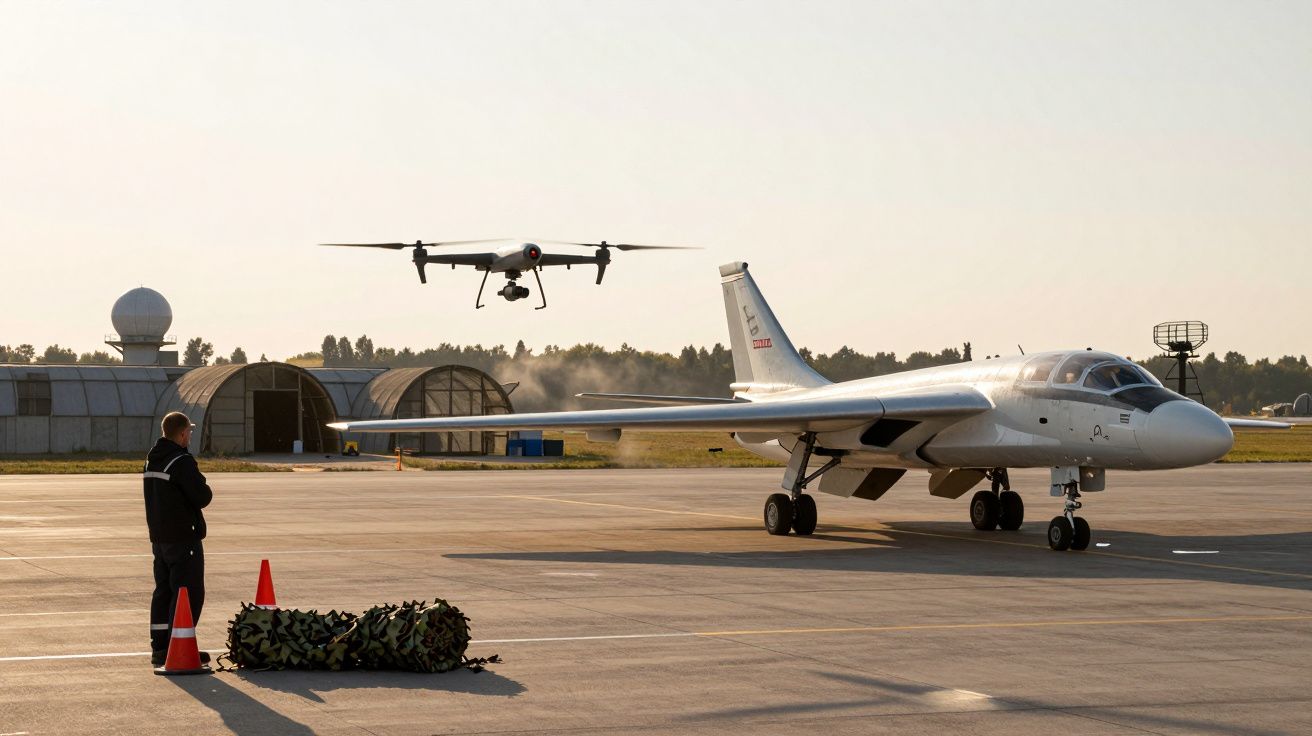 O aeronavă pe pistă, un bărbat în uniformă și o dronă în aer pe un aeroport însorit.