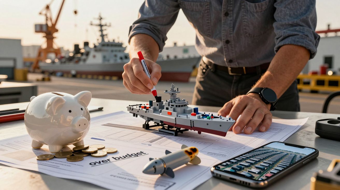 Bărbat desenând pe o machetă de navă pe planuri, cu un porc de economii și monede alături, în șantier naval.