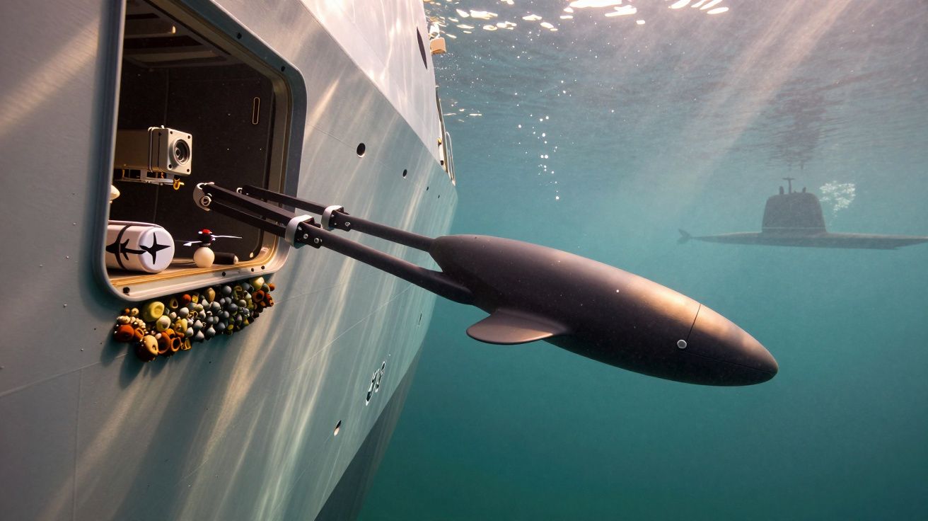 Submarin în apă cu dronă subacvatică neagră lansată pe un braț robotic. Alte submersibile sunt vizibile la distanță.