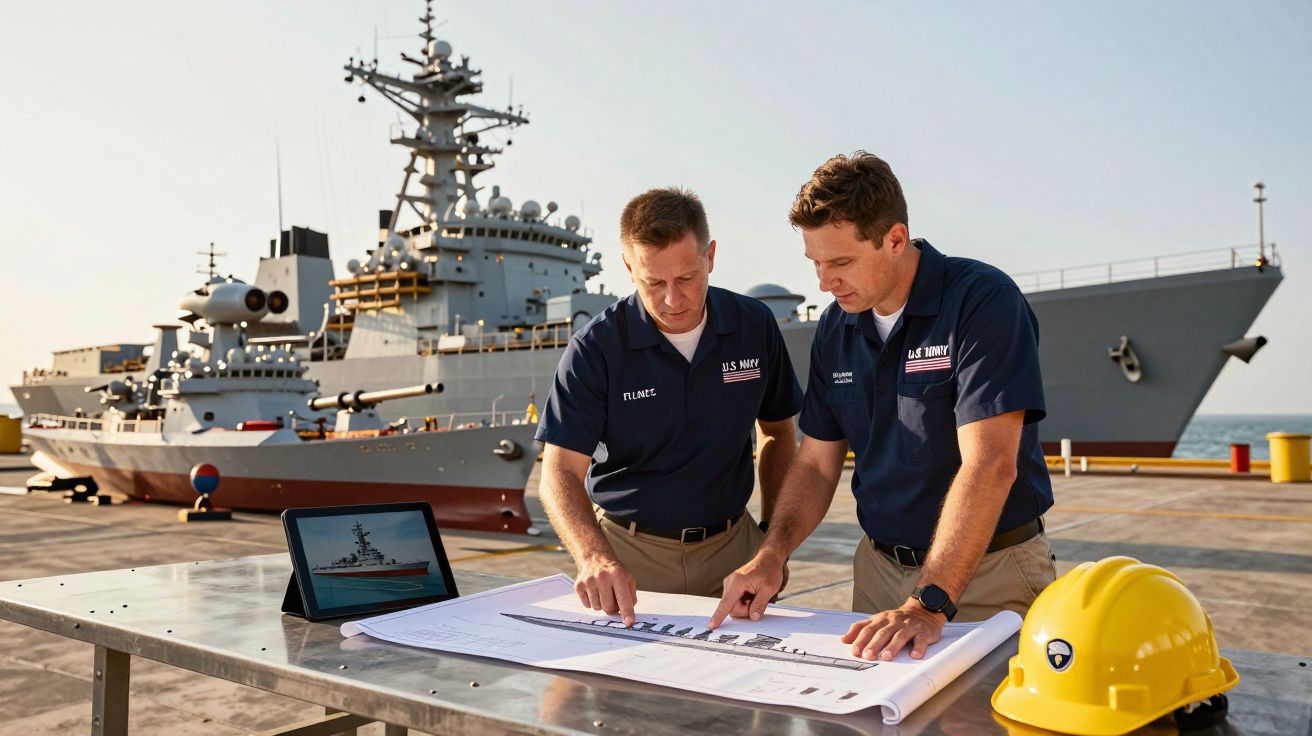 Doi bărbați studiază planuri ale unei nave militare pe un doc, cu o navă de război în fundal.