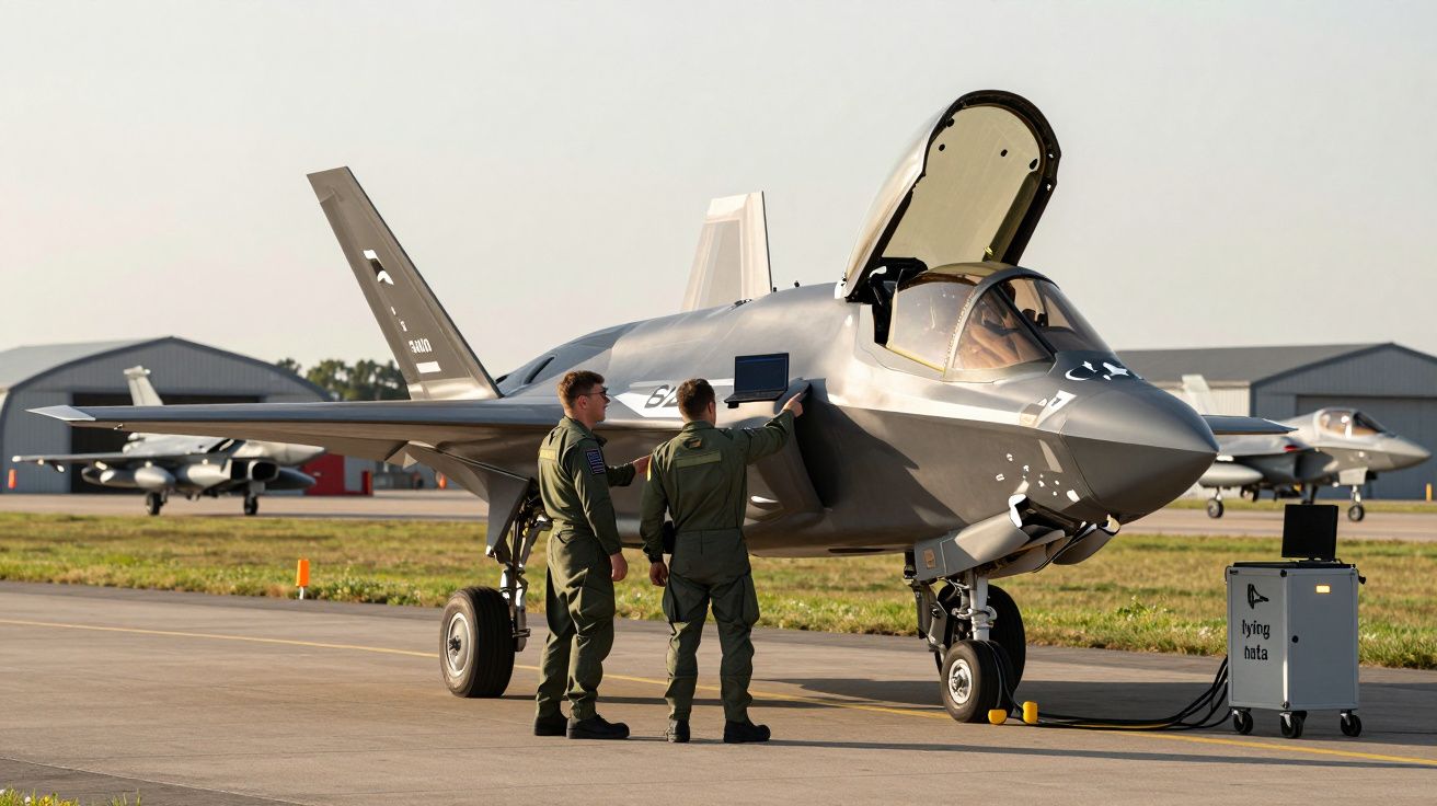 Doi piloți lângă un avion de luptă pe pistă; unul verifică un ecran. Angaruri și alte avioane în fundal.