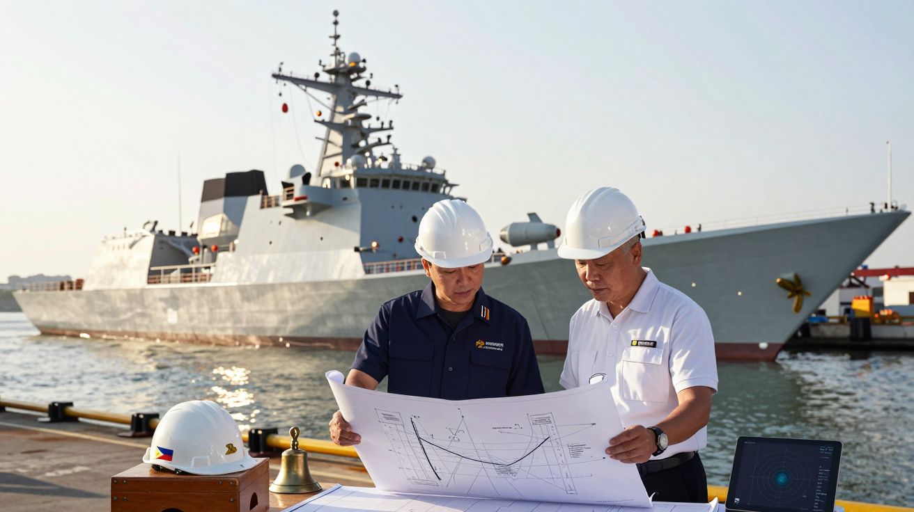 Doi bărbați în căști studiază planuri de construcție pe un doc, în fața unei nave militare mari.