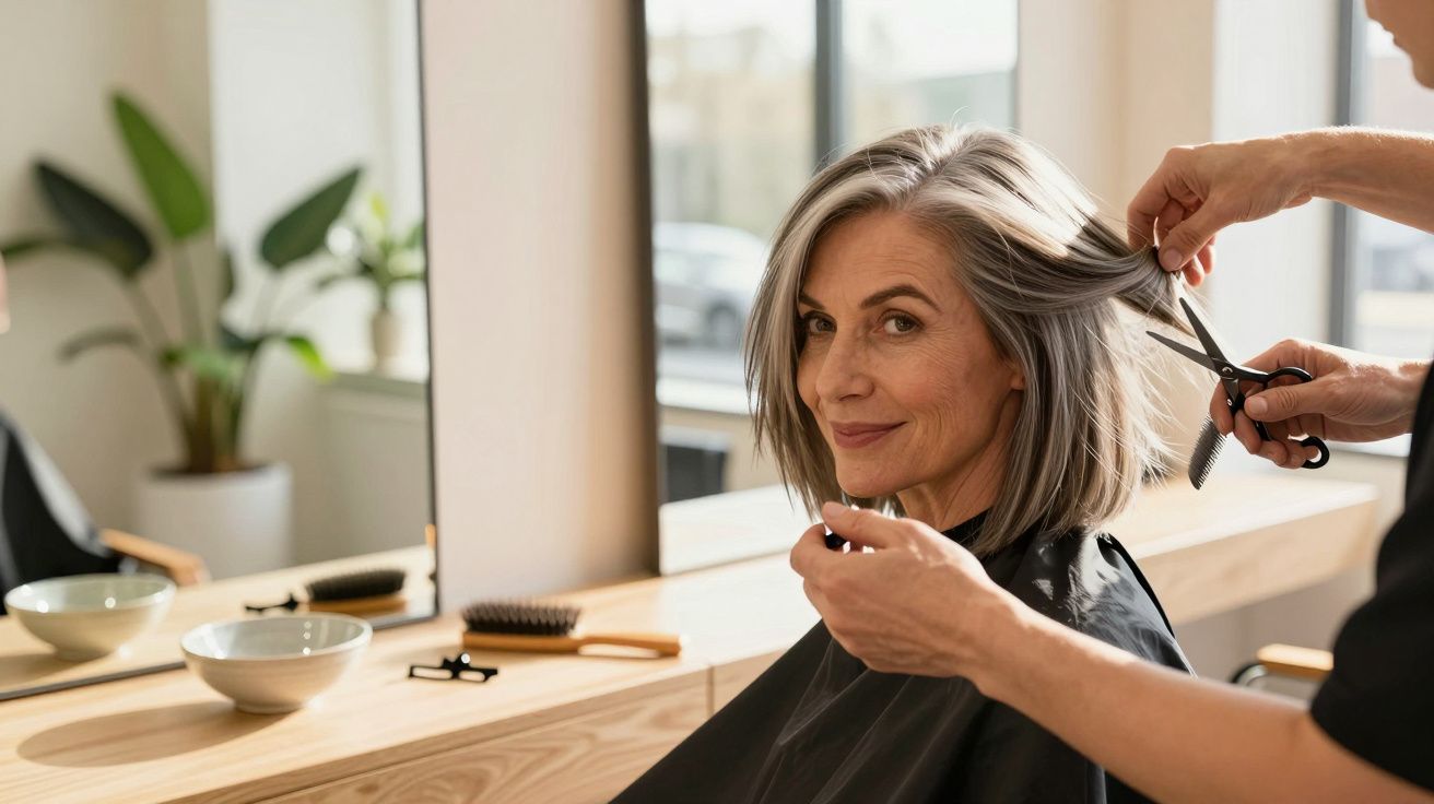 Femeie cu păr grizonat la frizerie, hairstylist tunde vârfurile.