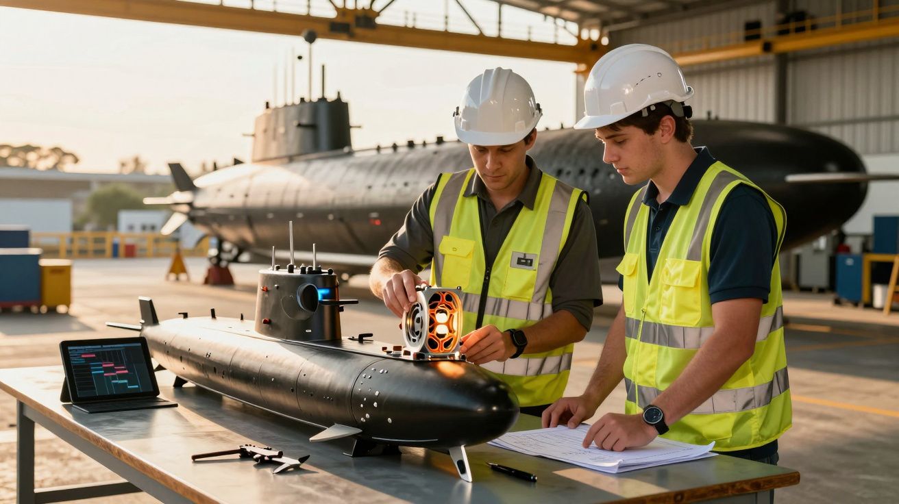 Doi ingineri verifică un model de submarin pe o masă într-un hangar, purtând veste reflectorizante și căști de protecție.
