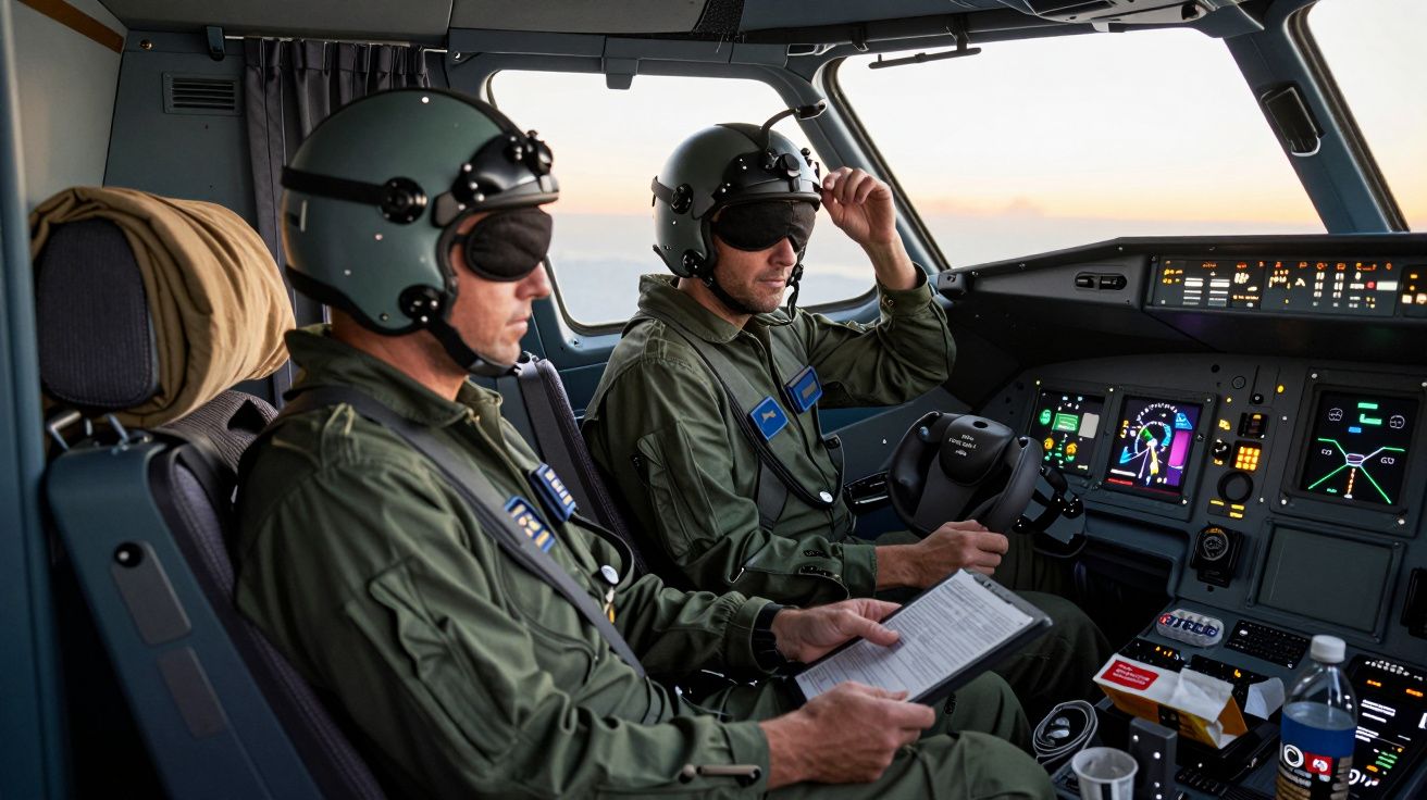 Doi piloți într-o cabină de pilotaj, îmbrăcați în uniforme militare, studiază documente și navighează avionul.