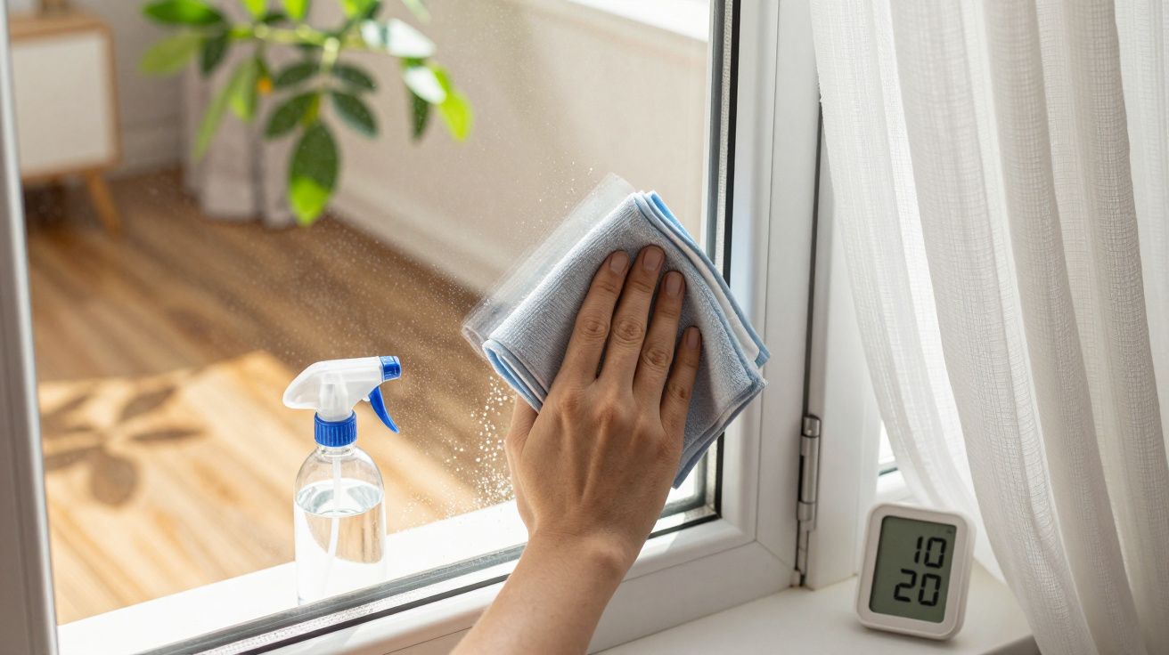 Mână ștergând fereastra cu o cârpă lângă un recipient cu spray și un ceas electronic.