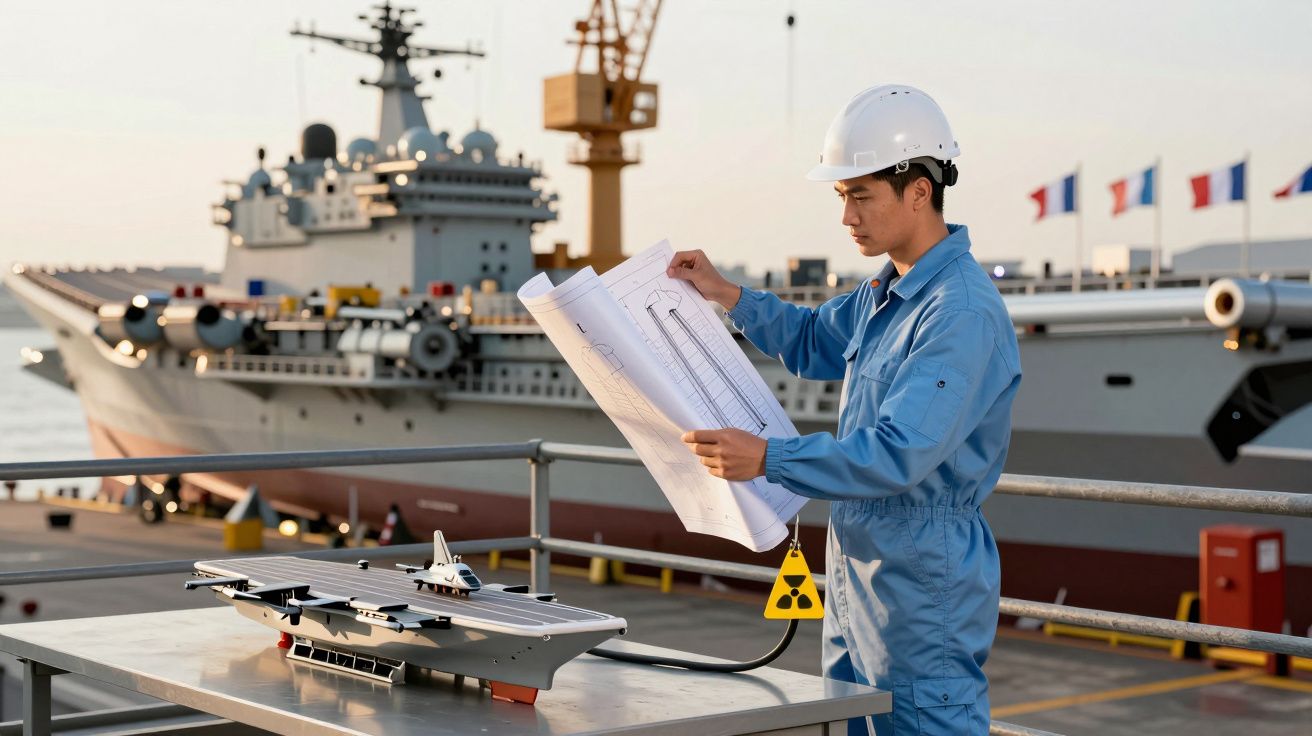 Inginer naval analizând planuri pe un șantier naval, cu un portavion în fundal.