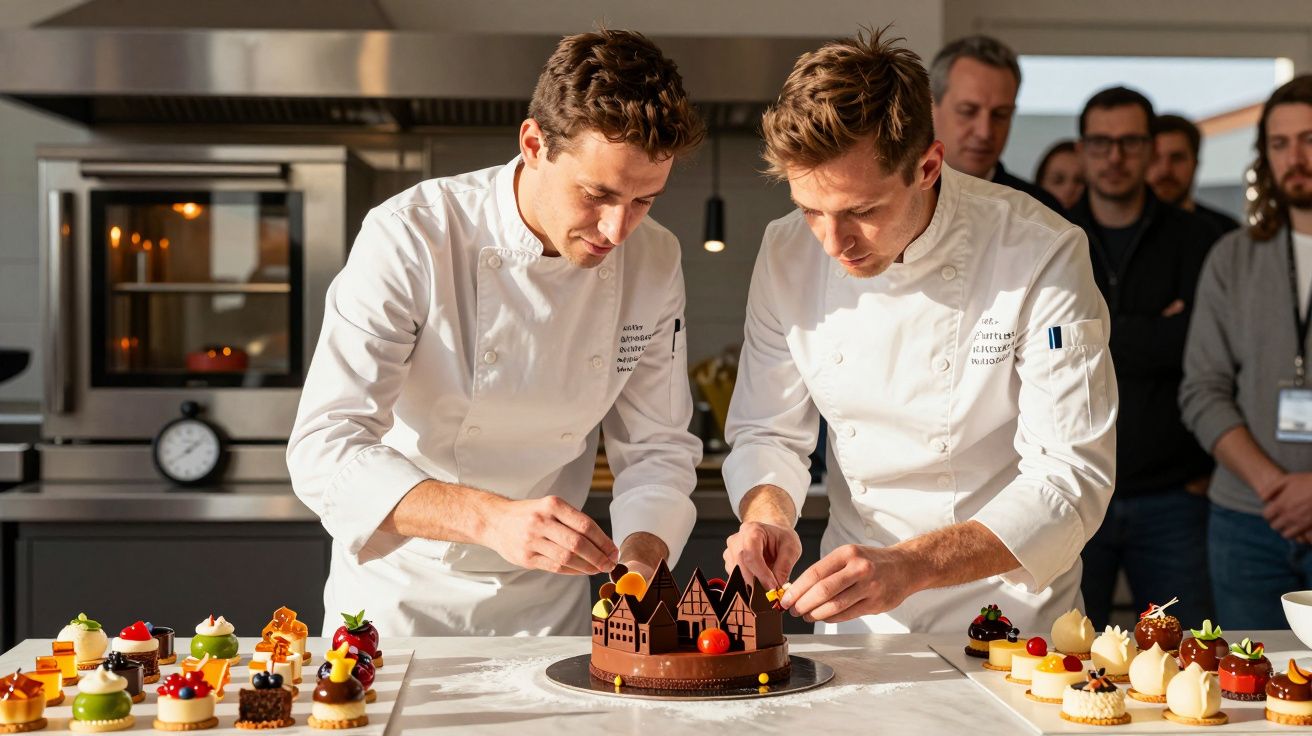 Doi bucătari decorează un tort sofisticat, înconjurat de prăjituri mici, într-o bucătărie modernă, sub privirile unui grup.
