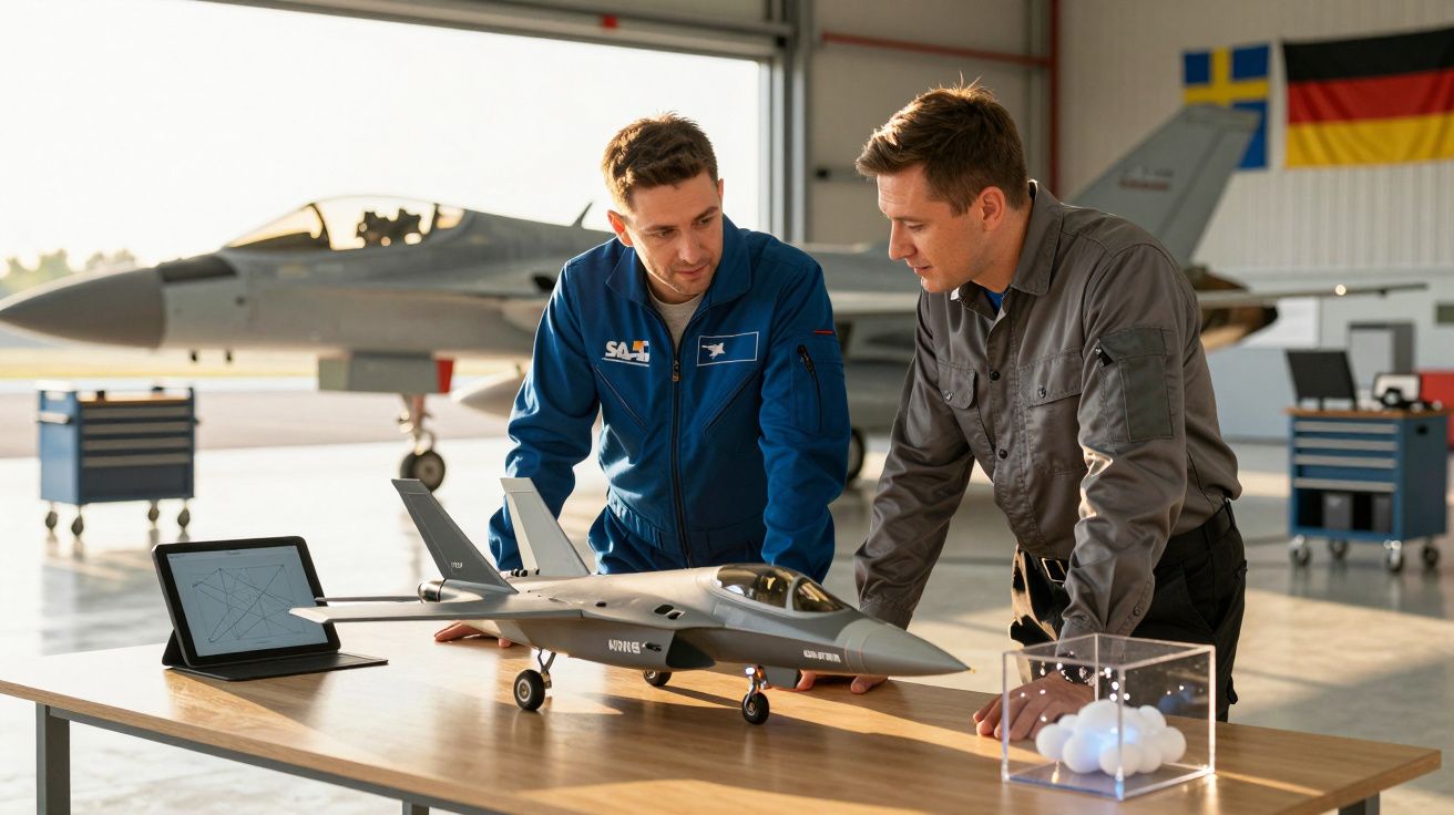 Doi bărbați discutând lângă un model de avion și o tabletă într-un hangar cu un avion adevărat în fundal.