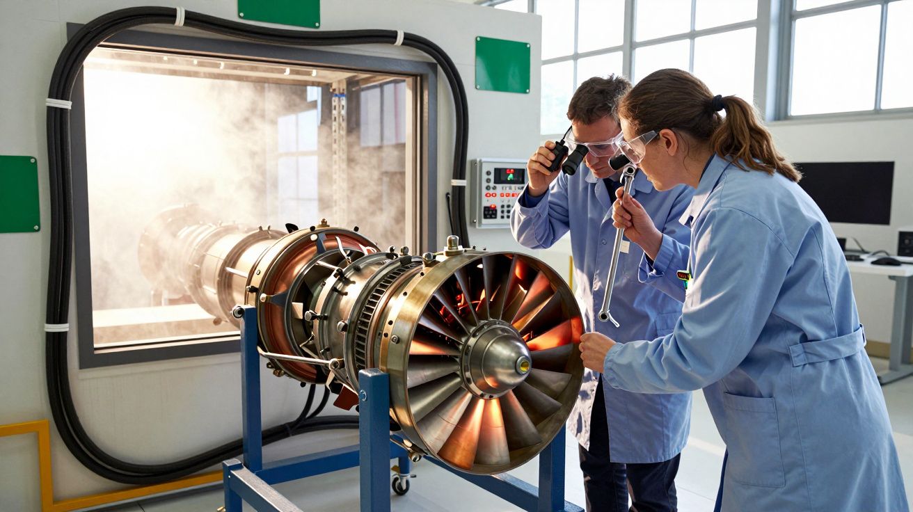 Doi ingineri inspectează un motor turbină în funcțiune într-un laborator, purtând ochelari de protecție.