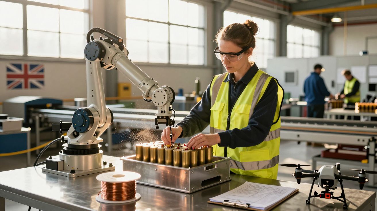 O persoană într-o fabrică, lucrând cu un braț robotic, purtând vestă reflectorizantă și ochelari de protecție.