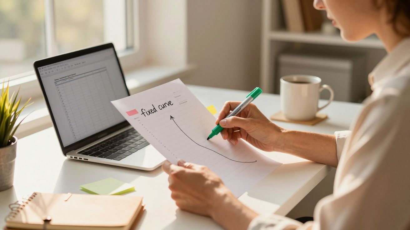 Persoană lucrând la birou, analizând o foaie cu o grafică curbată etichetată "Fixed Curve", laptop și cafea alături.
