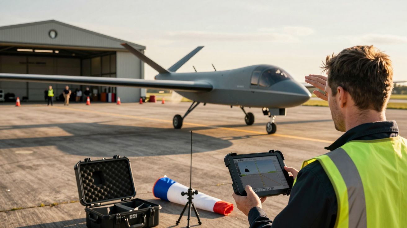 Bărbat controlează o dronă mare pe pistă, folosind o tabletă, lângă un hangar deschis.