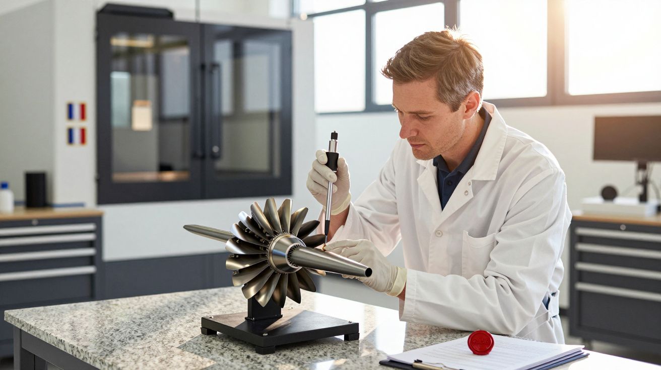 Bărbat în halat de laborator inspectează o componentă mecanică cu un instrument de măsurare într-un laborator.