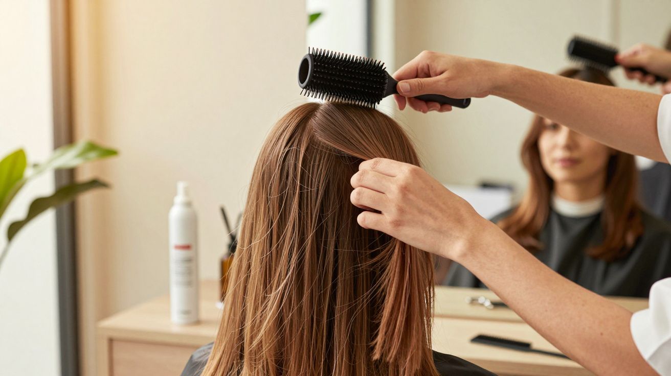 Coafor pieptănând părul unei femei la salon, reflexia acesteia vizibilă în oglindă.