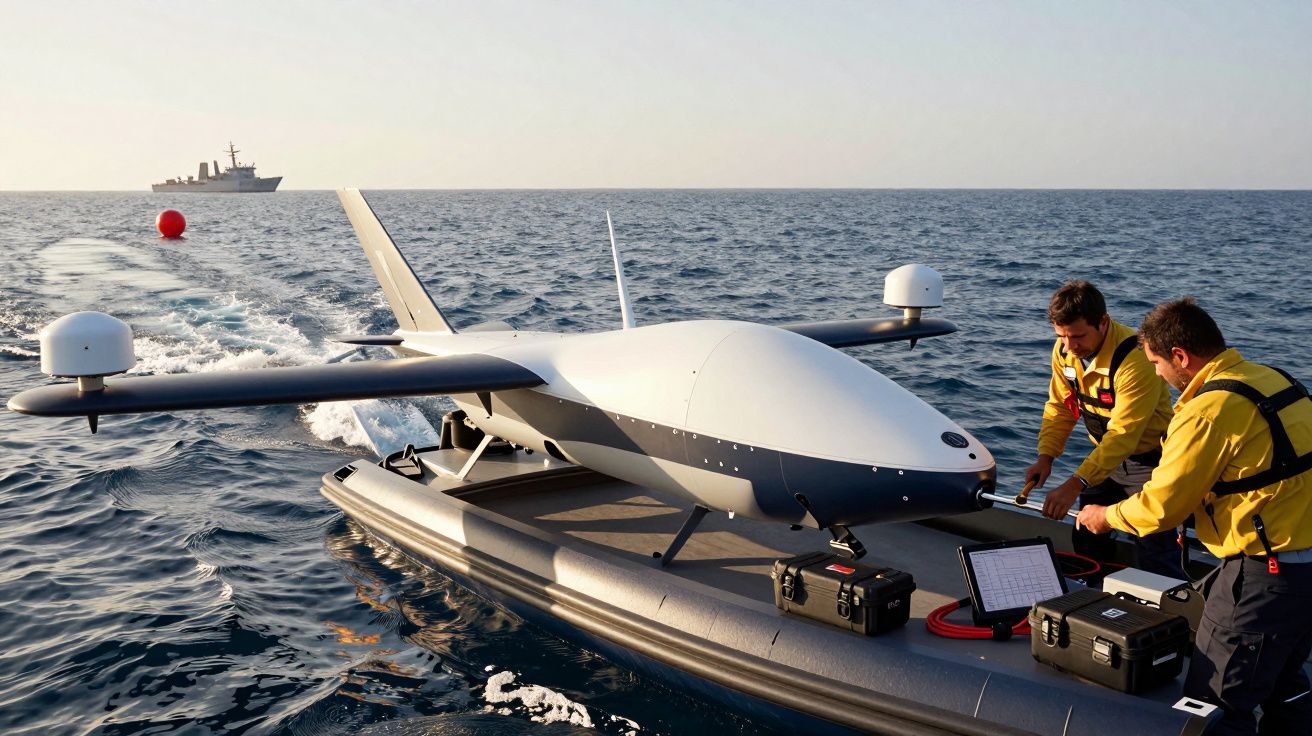 Dronă montată pe o barcă pe mare, cu două persoane verificând echipamentul; o navă este vizibilă în depărtare.