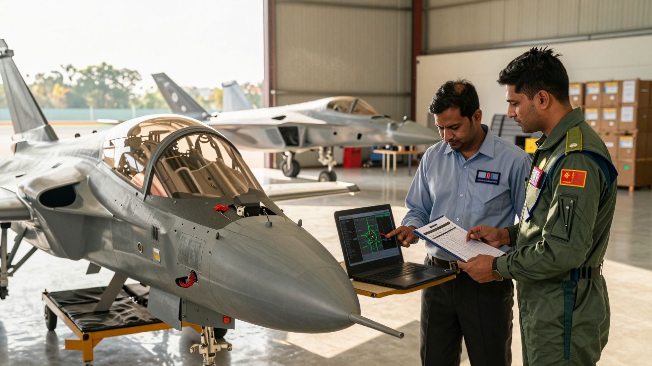 Doi bărbați discută lângă un avion militar într-un hangar, unul folosind un laptop.